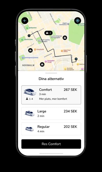 Smartphone displaying a ride-hailing app with a map, route options, and car choices labeled Comfort, Large, and Regular with prices in SEK.