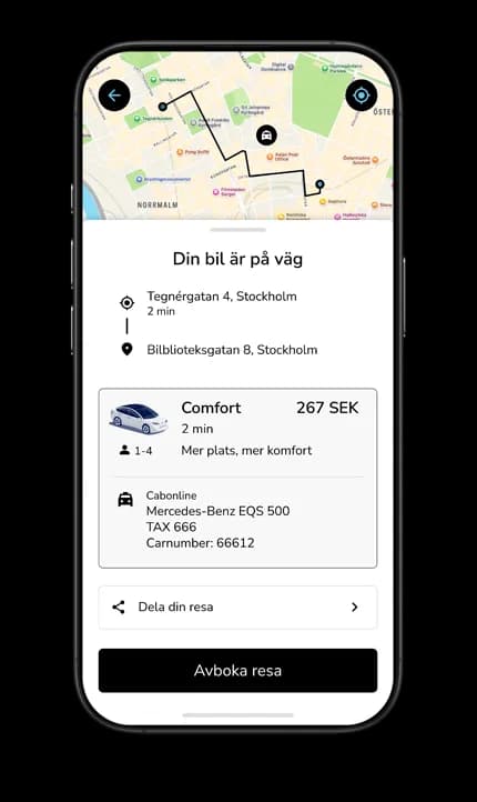 Ride-sharing app interface showing a map, route, car details, and fare of 267 SEK for a trip in Stockholm. Options to share or cancel the ride.