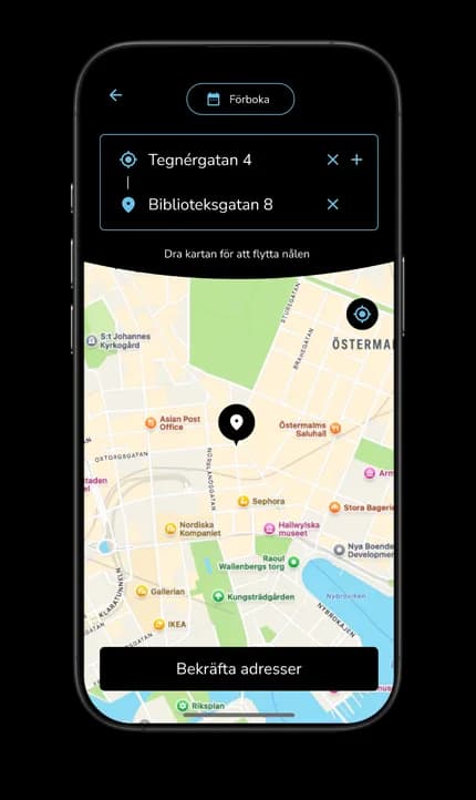 Smartphone displaying a map app with two selected addresses, "Tegnérgatan 4" and "Biblioteksgatan 8," and a confirm button at the bottom.