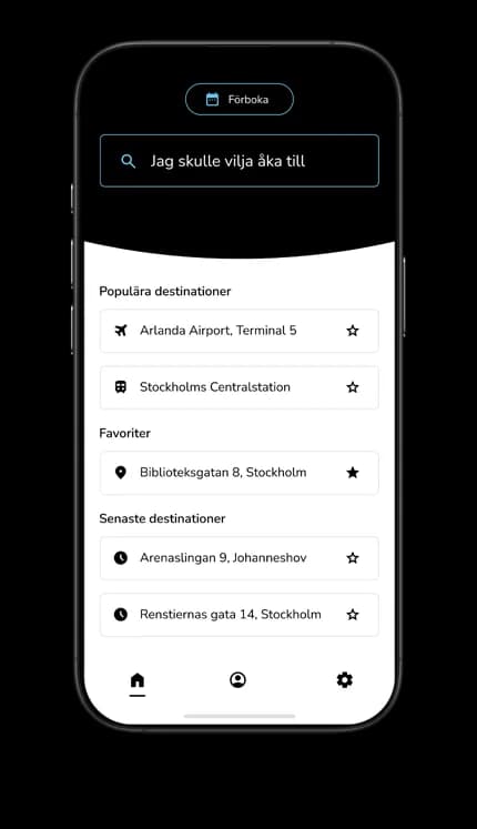 Smartphone displaying a travel app interface in Swedish, showing popular, favorite, and recent destinations with icons and addresses.